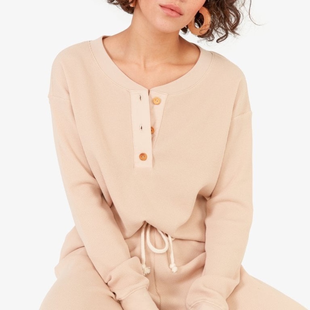 MATE the Label Beige Ribbed Henley Long Sleeve Top